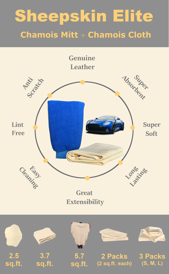 Sheepskin Leather Chamois and Chamois Mitt For Car Cleaning and Drying ((3.7 sq. ft. Chamois and Mitt)