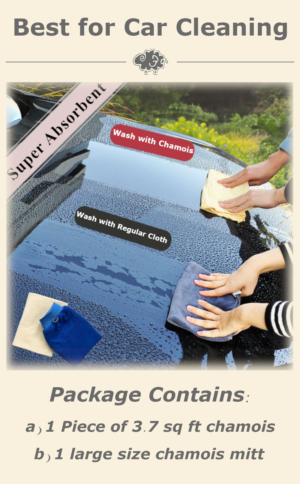 Sheepskin Leather Chamois and Chamois Mitt For Car Cleaning and Drying ((3.7 sq. ft. Chamois and Mitt)