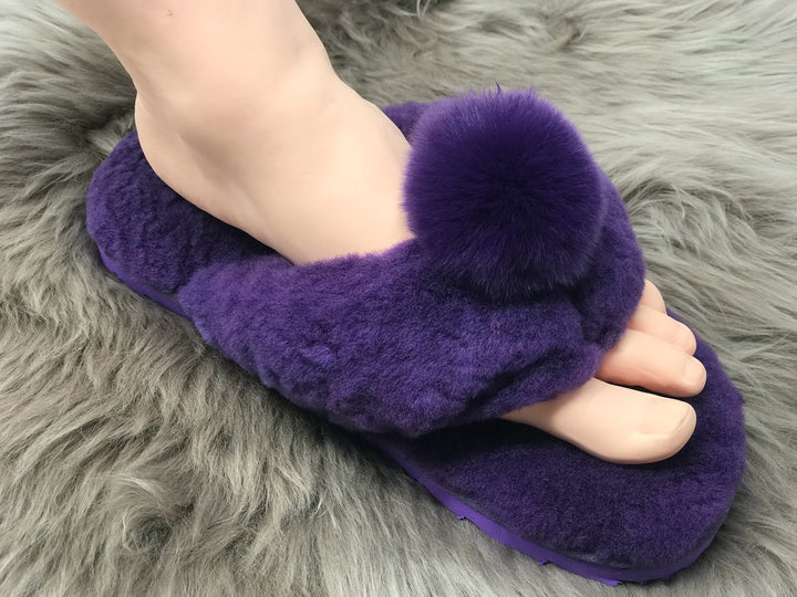 New Style Sheepskin Fluffy Flip-flop with Pong Pong Front - Purple