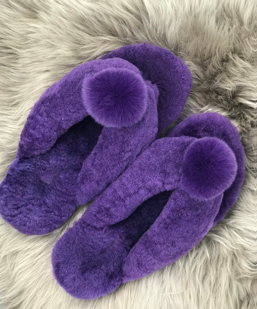 New Style Sheepskin Fluffy Flip-flop with Pong Pong Front - Purple