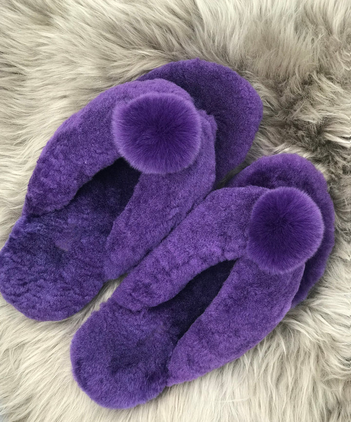 New Style Sheepskin Fluffy Flip-flop with Pong Pong Front - Purple
