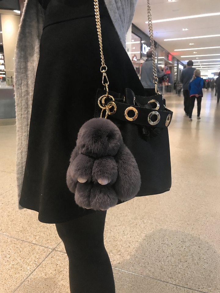 Genuine Rex Rabbit Fur Bunny Bag Charm & Keychain – Charcoal Grey