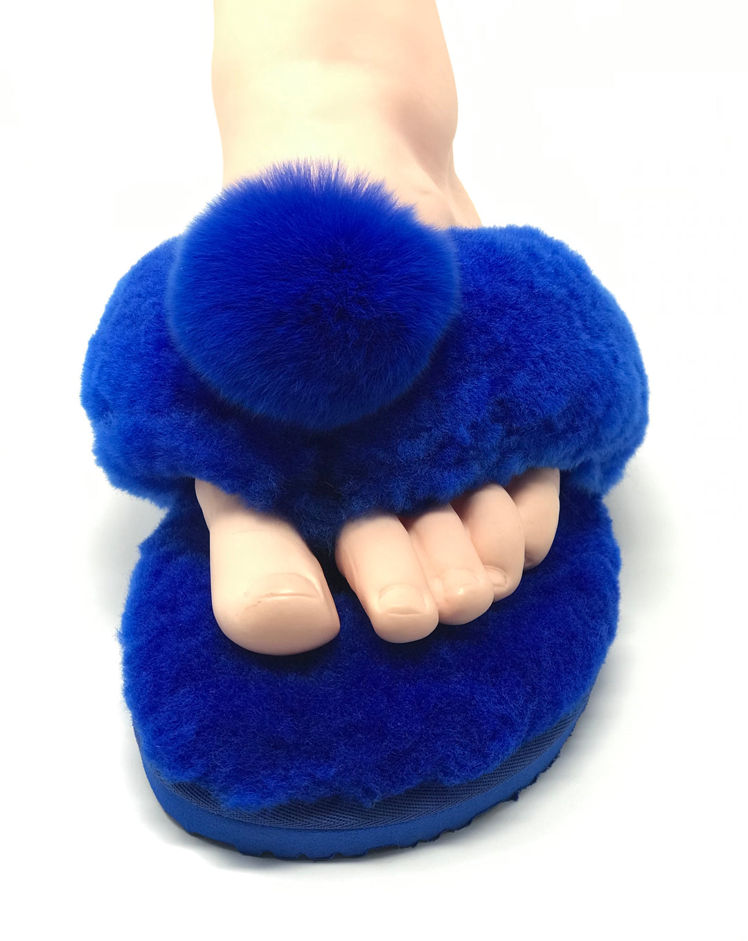 New Style Sheepskin Fluffy Flip-flop with Pong Pong Front - Blue
