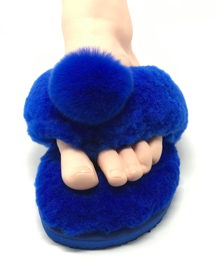 New Style Sheepskin Fluffy Flip-flop with Pong Pong Front - Blue