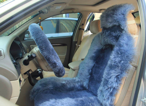 Long Wool Sheepskin Car Seat Cover (x1) -  Bluish Gray
