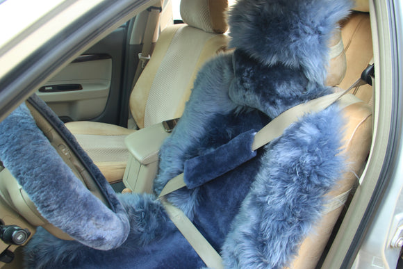 Long Wool Sheepskin Car Seat Cover (x1) -  Bluish Gray