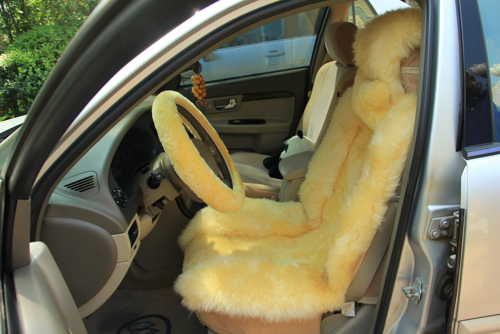Long Wool Sheepskin Car Seat Cover (x1) - Beige