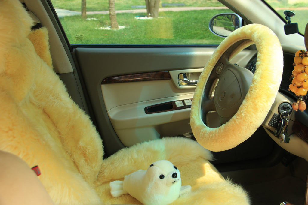 Long Wool Sheepskin Car Seat Cover (x1) - Beige