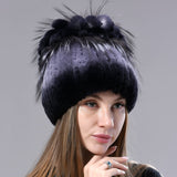 Women Hat Fur Real Rex Rabbit Hats Floral Winter Warm Real Fur Hat Fox Fluffy Knitted Stylish Female Grils Fashion Fur Hat