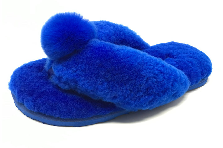 New Style Sheepskin Fluffy Flip-flop with Pong Pong Front - Blue