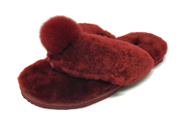 New Style Sheepskin Fluffy Flip-flop with Pong Pong Front - Burgundy