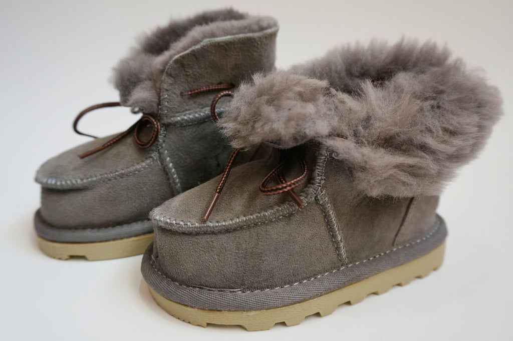 Unisex Baby Toddler Sheepskin Boots with Ties - Grey